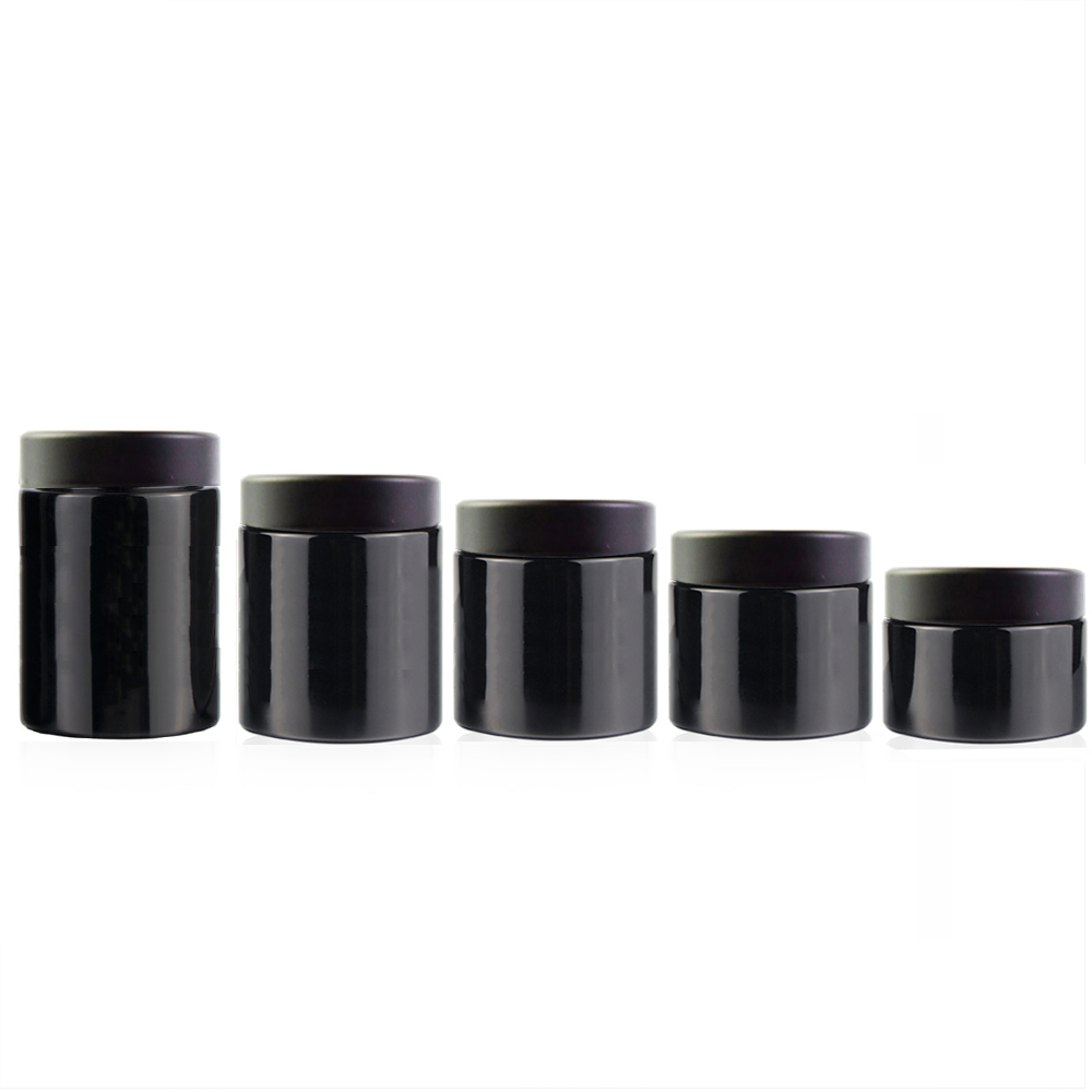 1oz child proof black glass jar with black lid