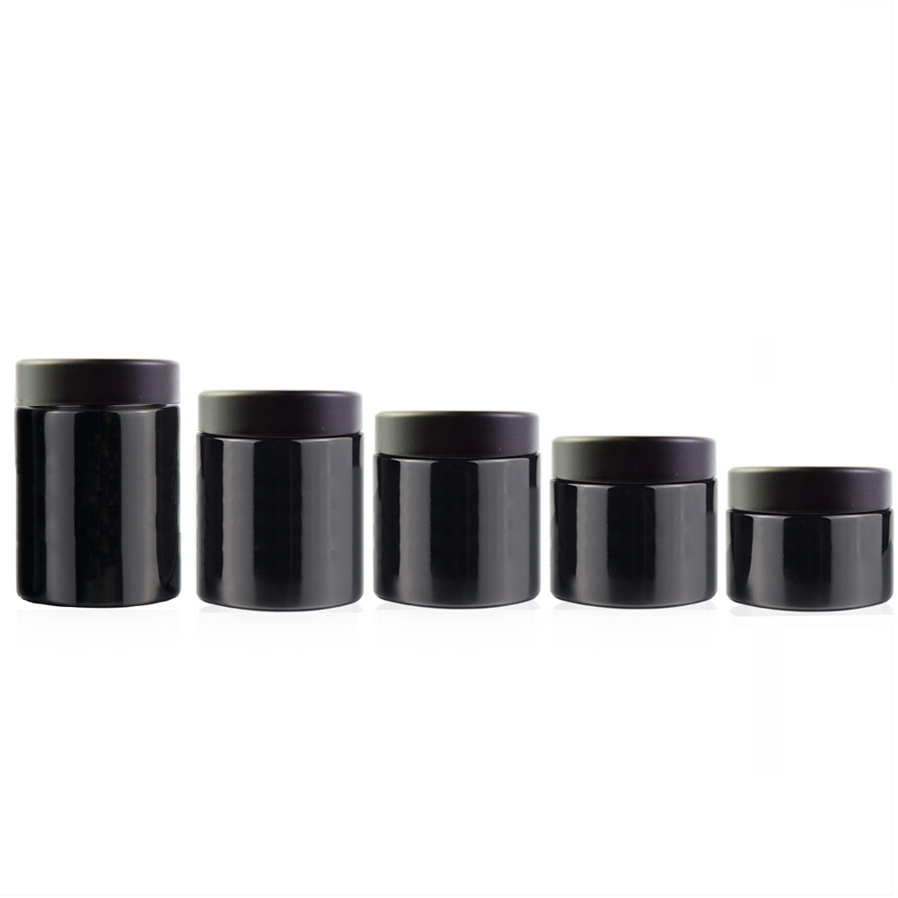 2oz child proof black glass jar with black lid