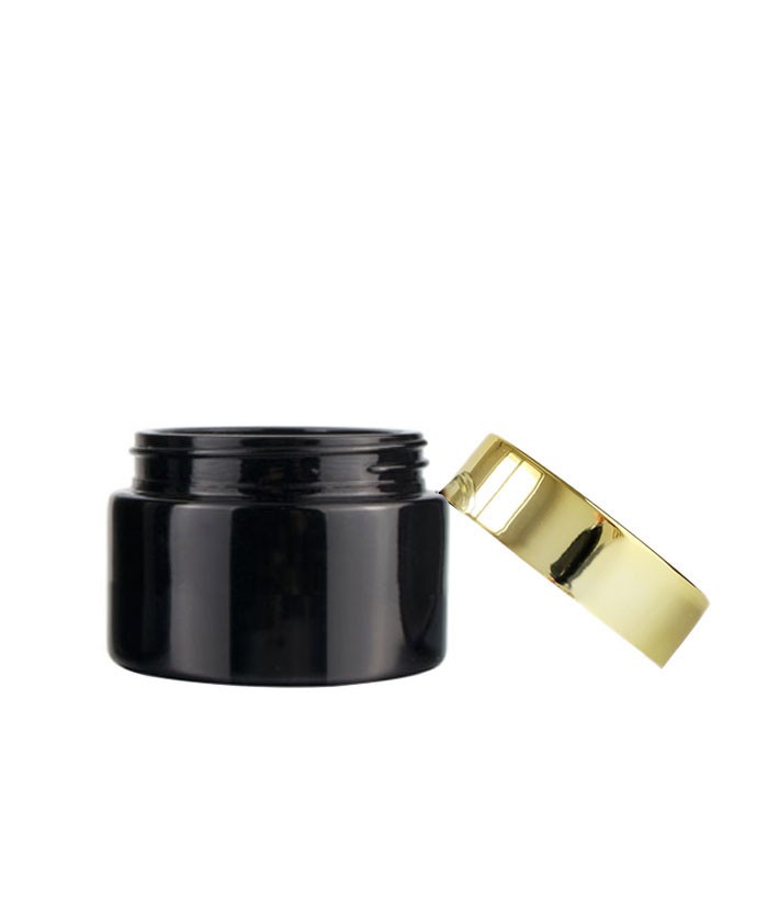 1oz black glass cosmetic cream jar with gold lid